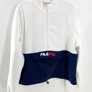 0348 NWT FILA Women's Half Zip Pullover Sweatshirt Colorblock White Blue Fleece